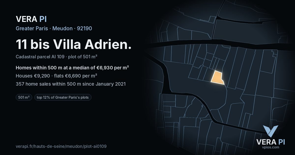 11 bis Villa Adrien, Meudon at night – the plot lit, the parcels around coloured by the prices near them