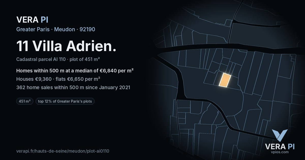 11 Villa Adrien, Meudon at night – the plot lit, the parcels around coloured by the prices near them
