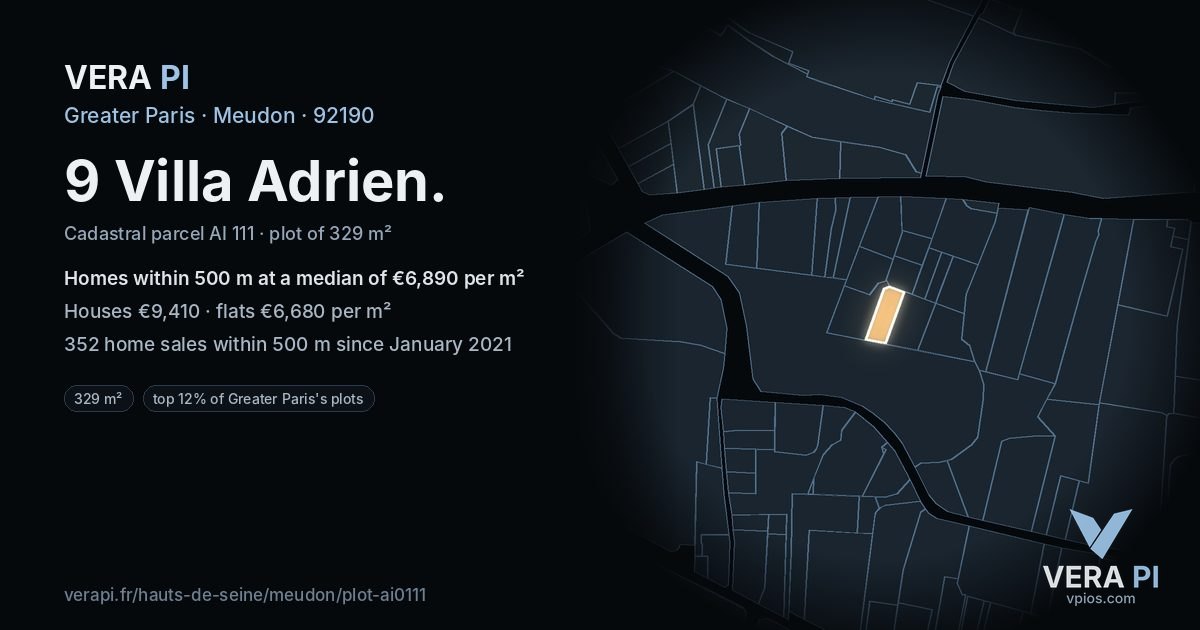 9 Villa Adrien, Meudon at night – the plot lit, the parcels around coloured by the prices near them