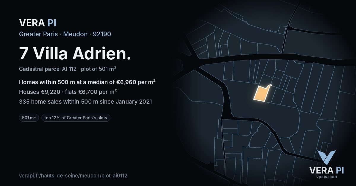 7 Villa Adrien, Meudon at night – the plot lit, the parcels around coloured by the prices near them