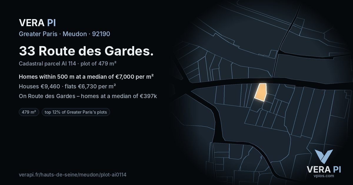 33 Route des Gardes, Meudon at night – the plot lit, the parcels around coloured by the prices near them