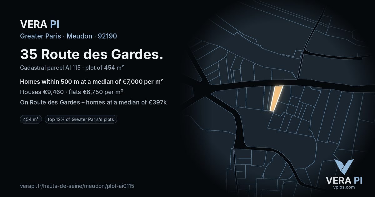 35 Route des Gardes, Meudon at night – the plot lit, the parcels around coloured by the prices near them