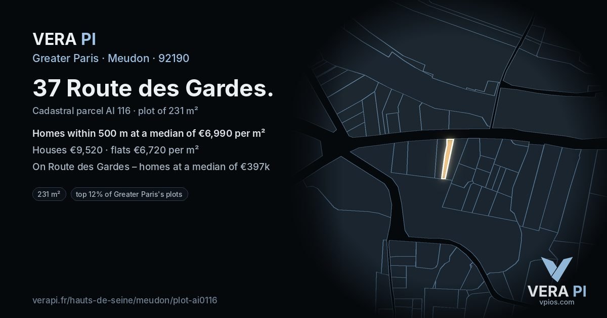 37 Route des Gardes, Meudon at night – the plot lit, the parcels around coloured by the prices near them