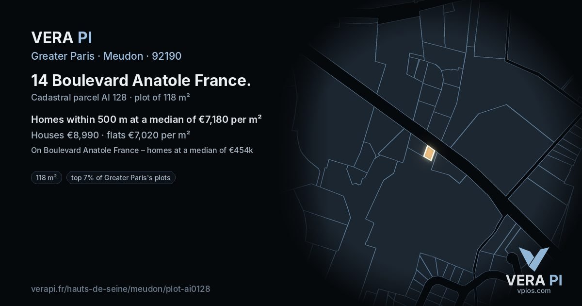 14 Boulevard Anatole France, Meudon at night – the plot lit, the parcels around coloured by the prices near them
