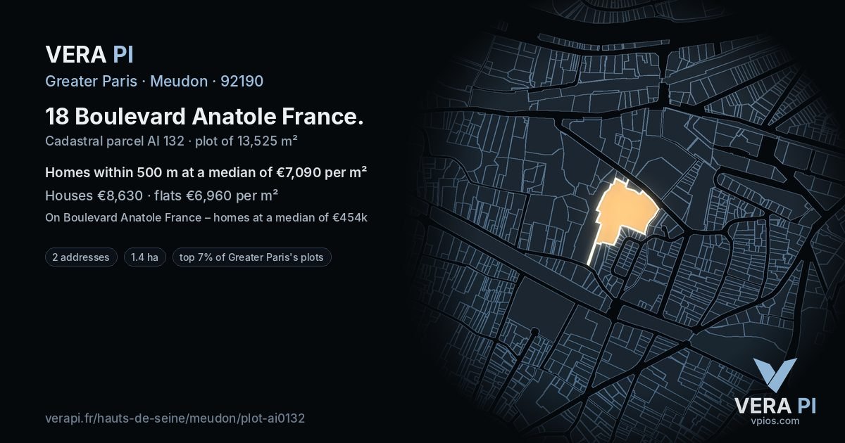 18 Boulevard Anatole France, Meudon at night – the plot lit, the parcels around coloured by the prices near them