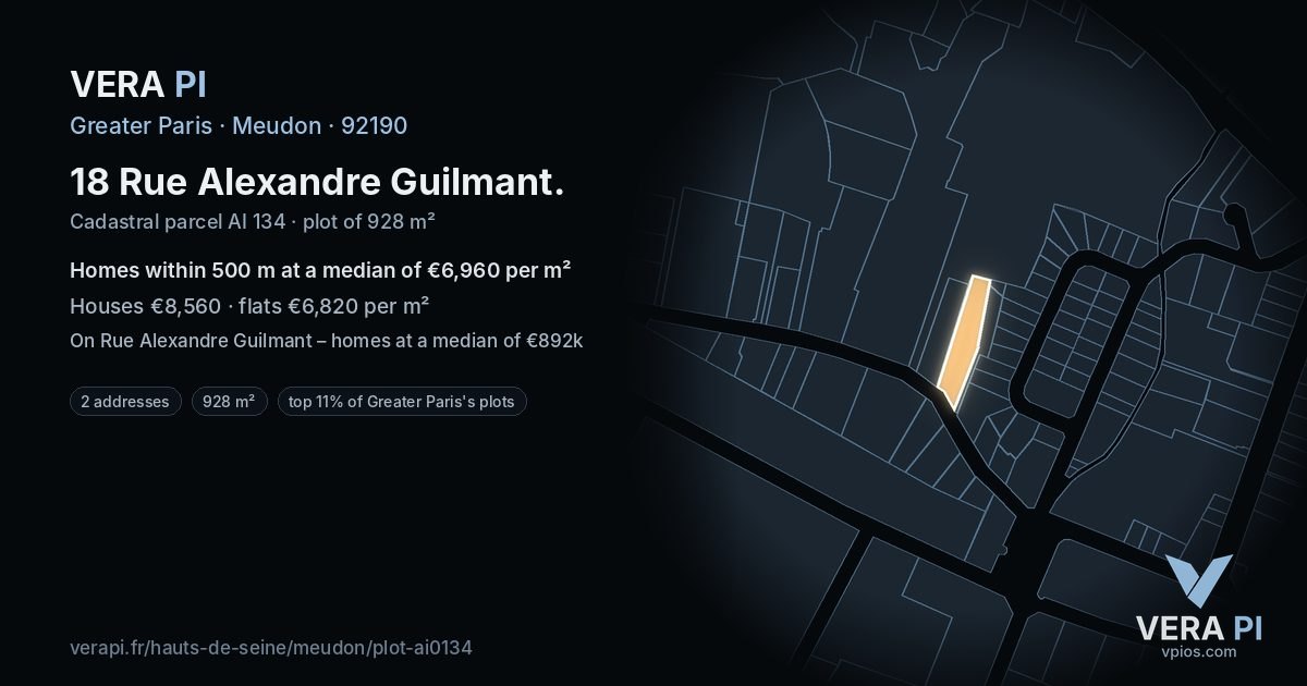 18 Rue Alexandre Guilmant, Meudon at night – the plot lit, the parcels around coloured by the prices near them