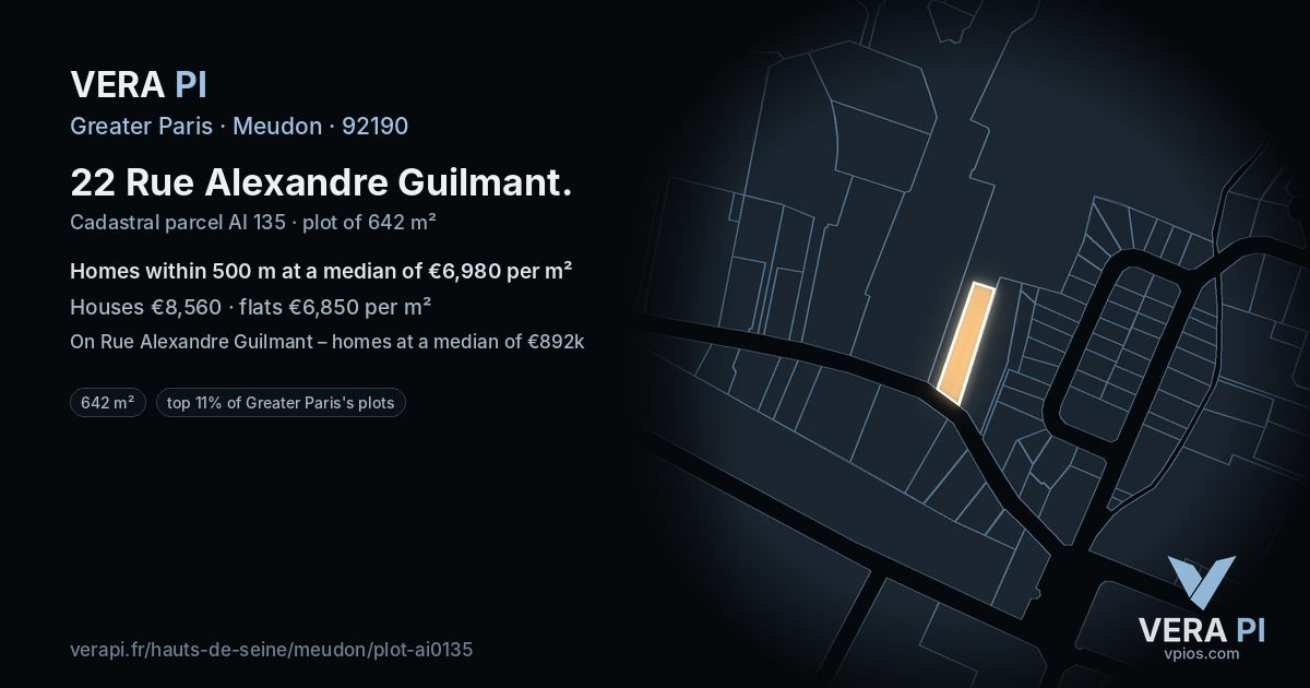 22 Rue Alexandre Guilmant, Meudon at night – the plot lit, the parcels around coloured by the prices near them