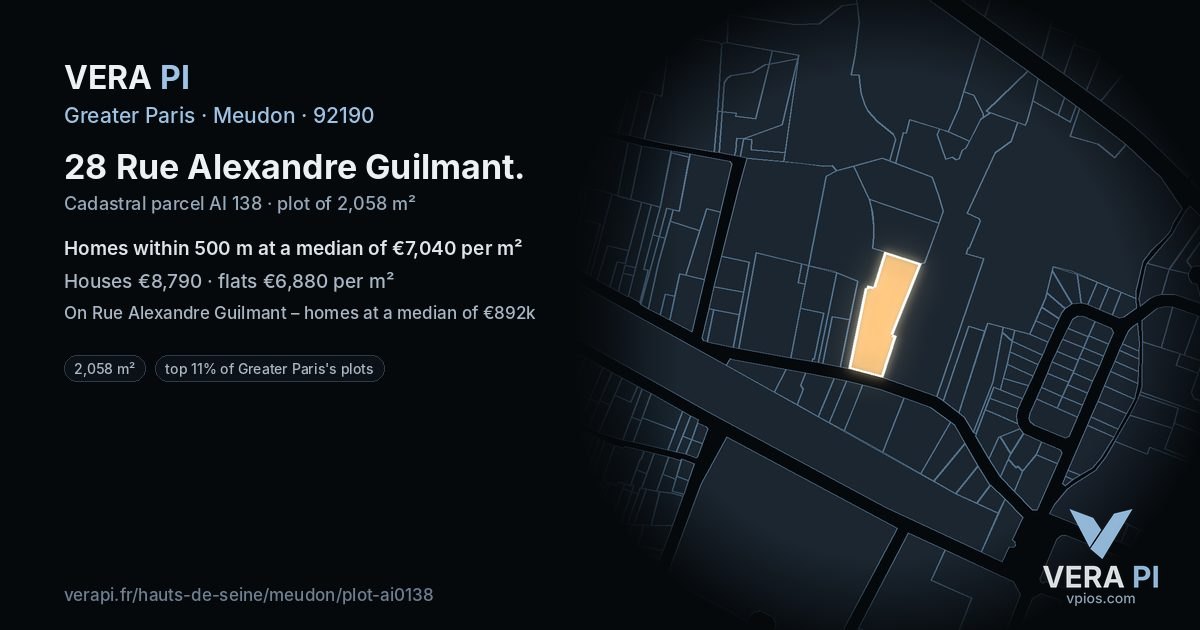 28 Rue Alexandre Guilmant, Meudon at night – the plot lit, the parcels around coloured by the prices near them