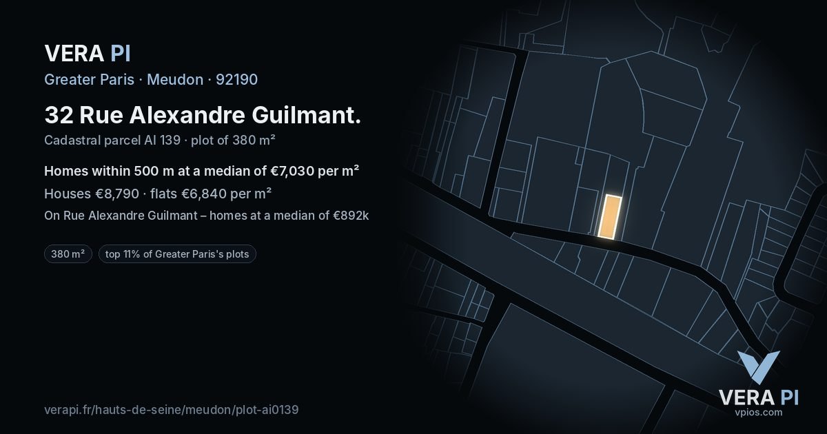 32 Rue Alexandre Guilmant, Meudon at night – the plot lit, the parcels around coloured by the prices near them