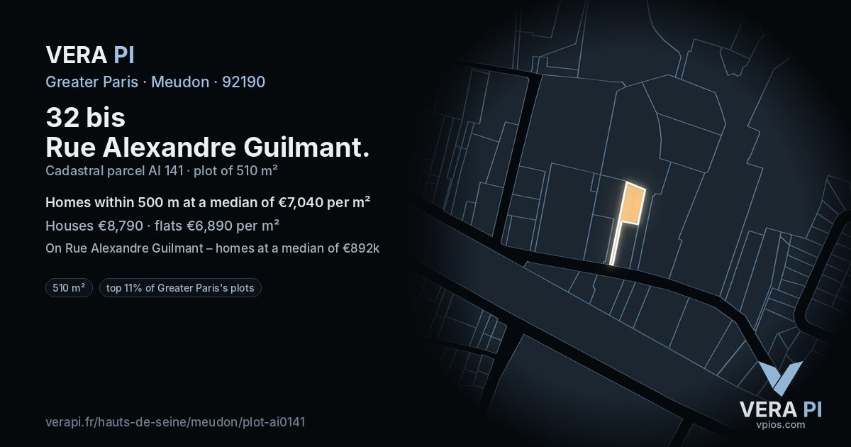 32 bis Rue Alexandre Guilmant, Meudon at night – the plot lit, the parcels around coloured by the prices near them