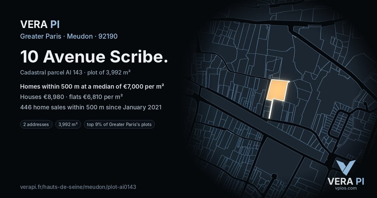 10 Avenue Scribe, Meudon at night – the plot lit, the parcels around coloured by the prices near them
