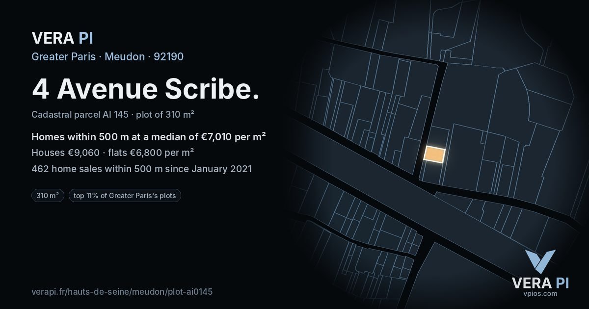 4 Avenue Scribe, Meudon at night – the plot lit, the parcels around coloured by the prices near them