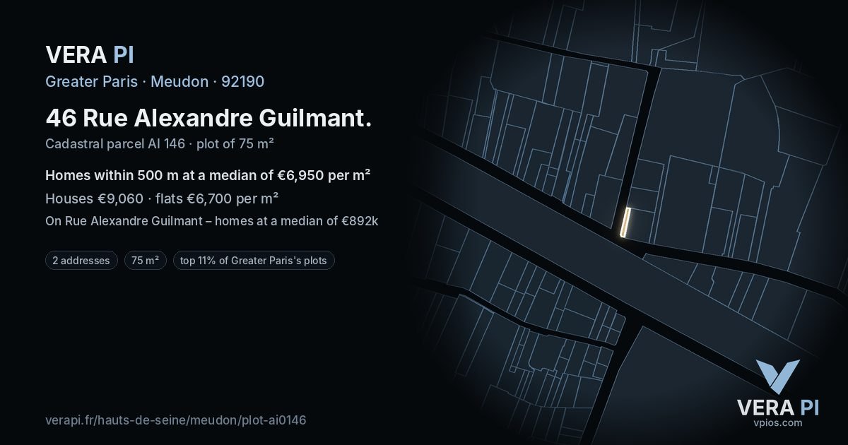 46 Rue Alexandre Guilmant, Meudon at night – the plot lit, the parcels around coloured by the prices near them