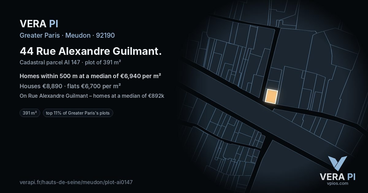 44 Rue Alexandre Guilmant, Meudon at night – the plot lit, the parcels around coloured by the prices near them
