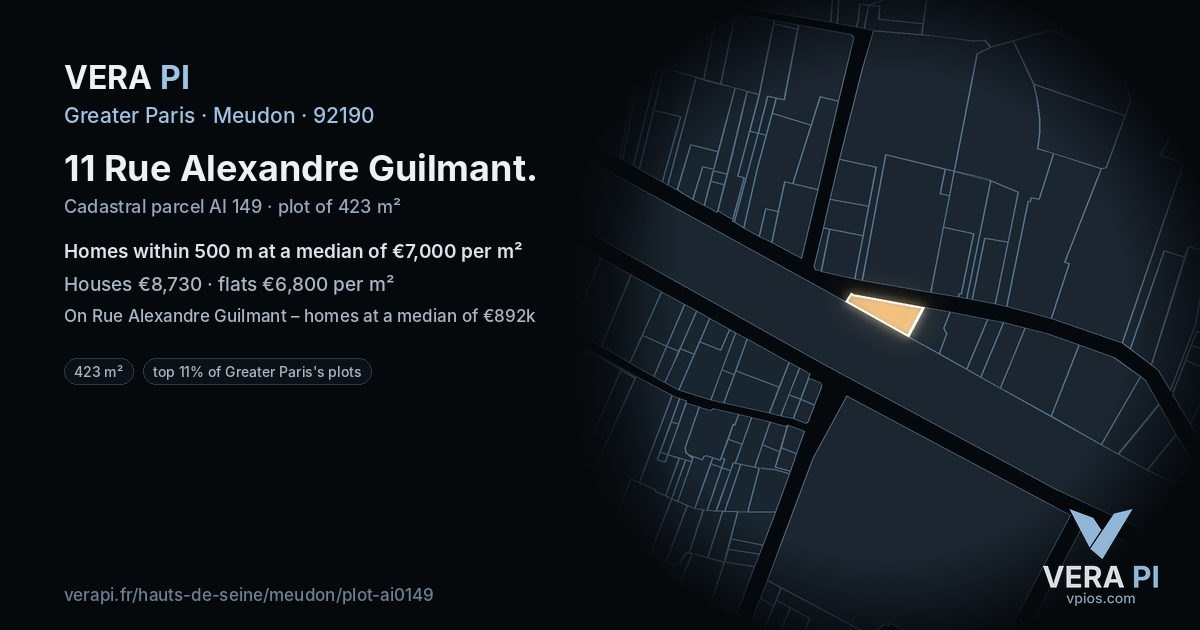 11 Rue Alexandre Guilmant, Meudon at night – the plot lit, the parcels around coloured by the prices near them