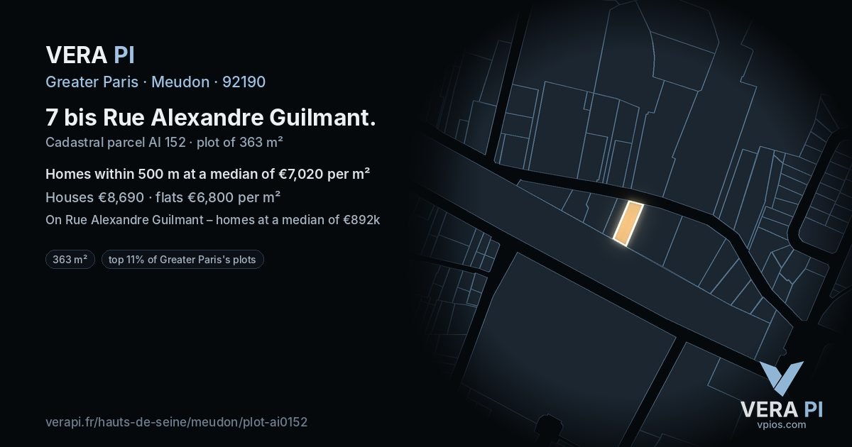 7 bis Rue Alexandre Guilmant, Meudon at night – the plot lit, the parcels around coloured by the prices near them