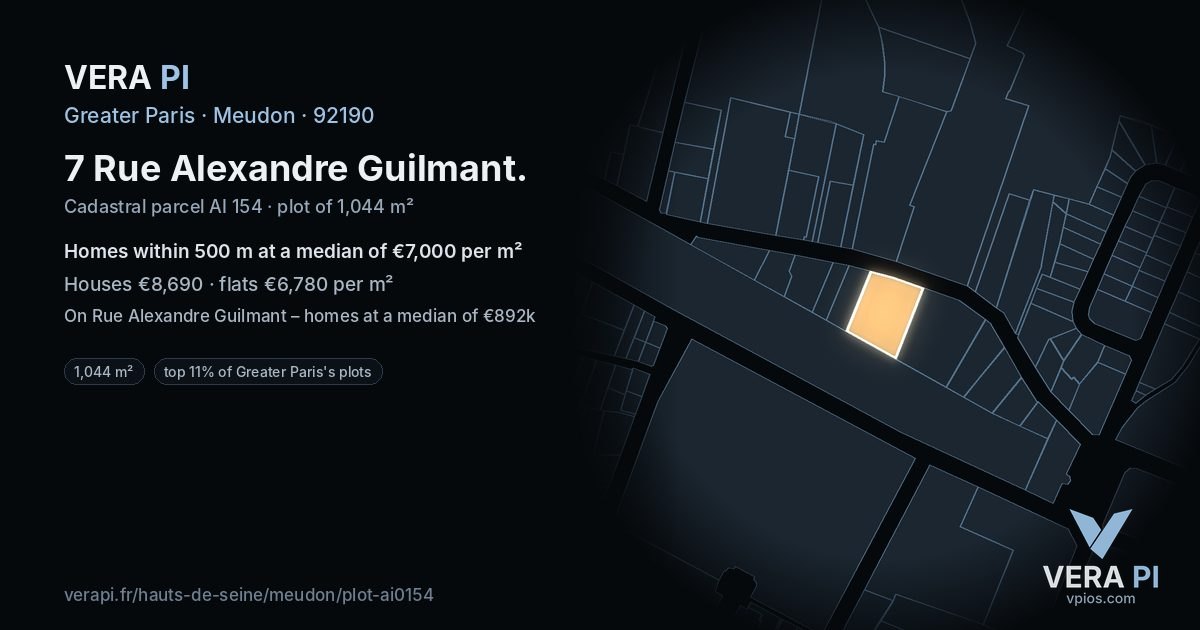 7 Rue Alexandre Guilmant, Meudon at night – the plot lit, the parcels around coloured by the prices near them