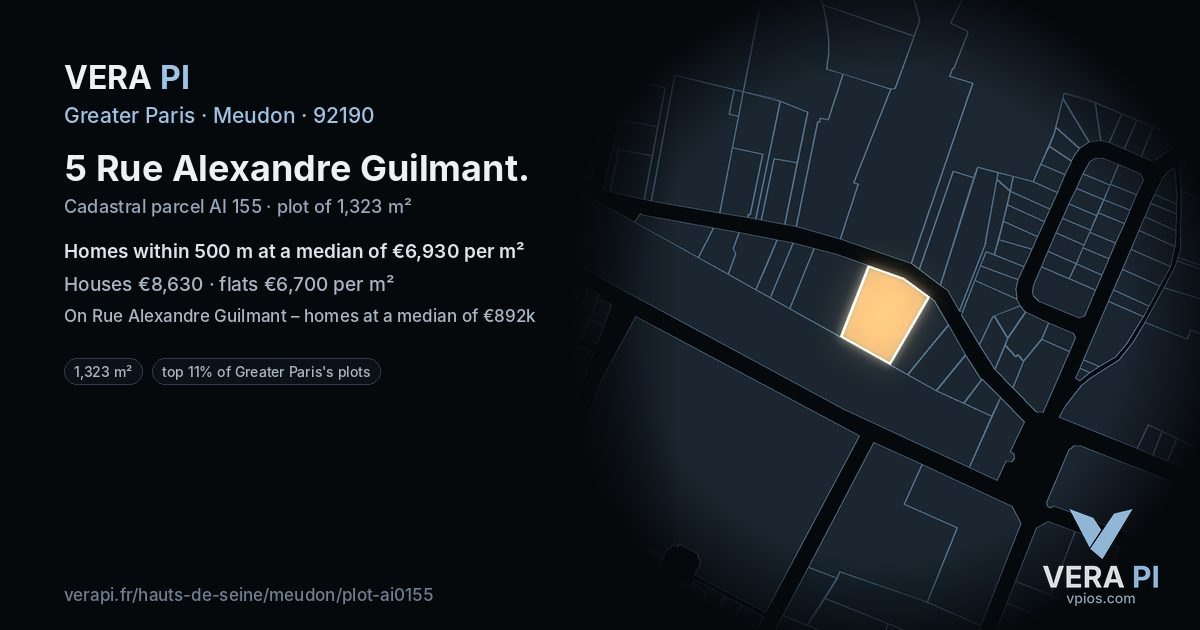 5 Rue Alexandre Guilmant, Meudon at night – the plot lit, the parcels around coloured by the prices near them