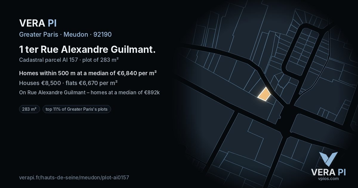 1 ter Rue Alexandre Guilmant, Meudon at night – the plot lit, the parcels around coloured by the prices near them