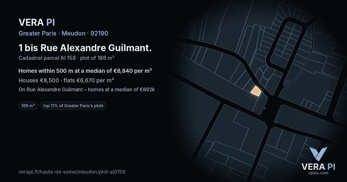 1 bis Rue Alexandre Guilmant, Meudon at night – the plot lit, the parcels around coloured by the prices near them