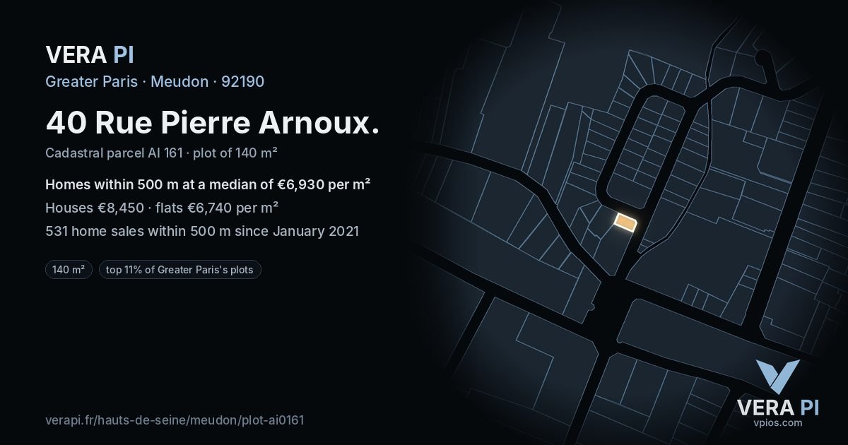 40 Rue Pierre Arnoux, Meudon at night – the plot lit, the parcels around coloured by the prices near them