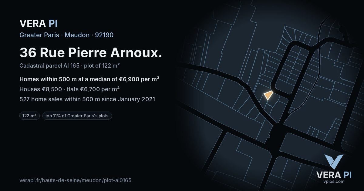 36 Rue Pierre Arnoux, Meudon at night – the plot lit, the parcels around coloured by the prices near them