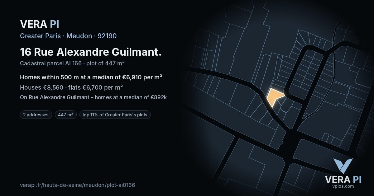 16 Rue Alexandre Guilmant, Meudon at night – the plot lit, the parcels around coloured by the prices near them