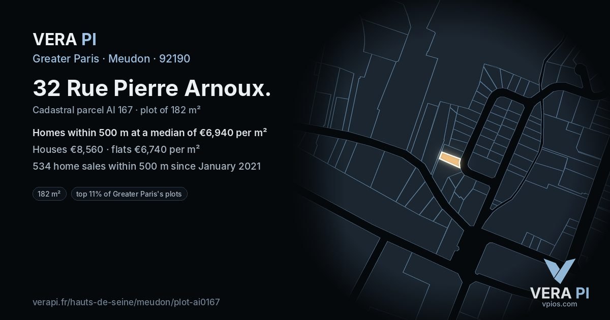 32 Rue Pierre Arnoux, Meudon at night – the plot lit, the parcels around coloured by the prices near them