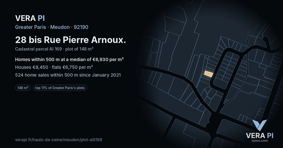 28 bis Rue Pierre Arnoux, Meudon at night – the plot lit, the parcels around coloured by the prices near them