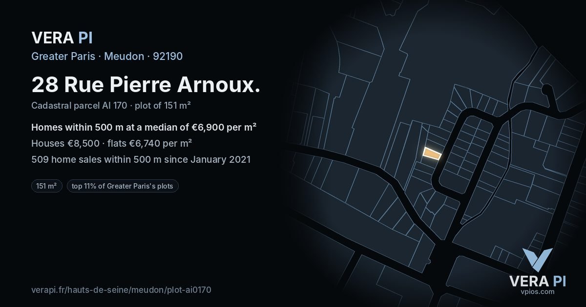 28 Rue Pierre Arnoux, Meudon at night – the plot lit, the parcels around coloured by the prices near them