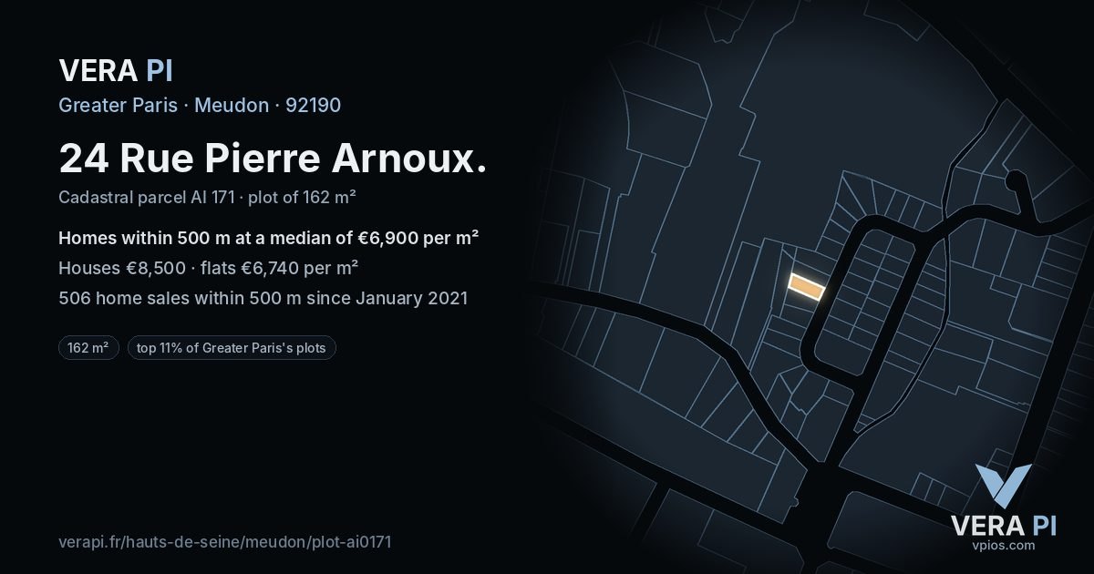 24 Rue Pierre Arnoux, Meudon at night – the plot lit, the parcels around coloured by the prices near them