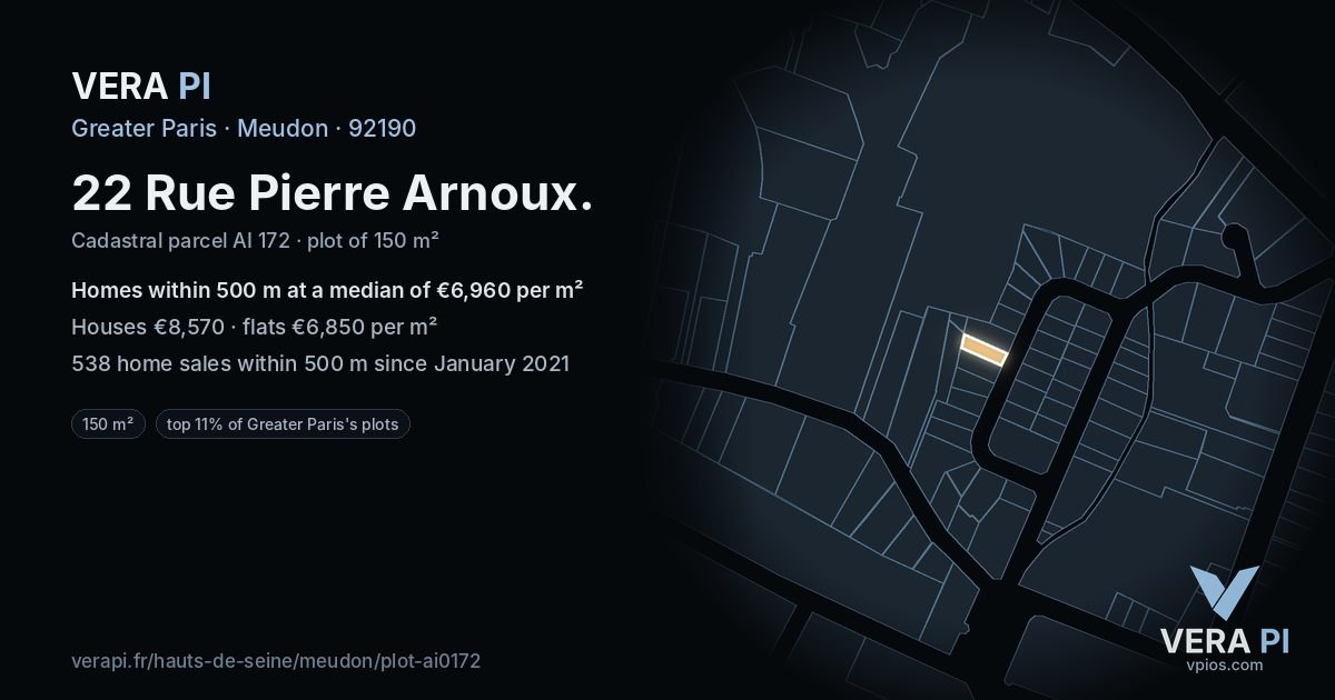 22 Rue Pierre Arnoux, Meudon at night – the plot lit, the parcels around coloured by the prices near them