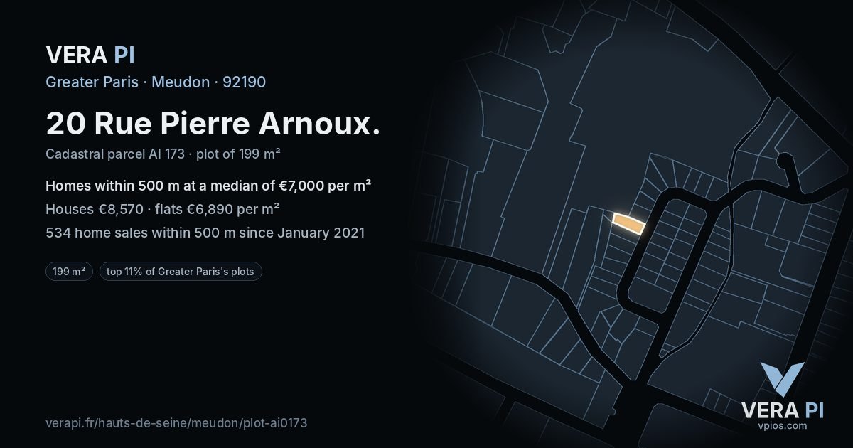 20 Rue Pierre Arnoux, Meudon at night – the plot lit, the parcels around coloured by the prices near them