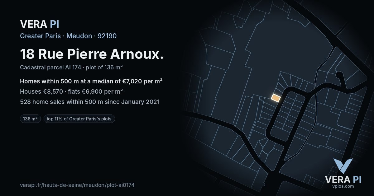 18 Rue Pierre Arnoux, Meudon at night – the plot lit, the parcels around coloured by the prices near them