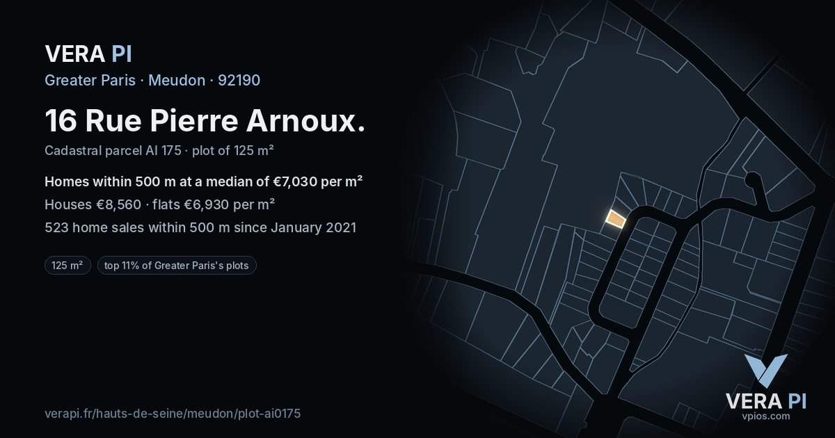16 Rue Pierre Arnoux, Meudon at night – the plot lit, the parcels around coloured by the prices near them