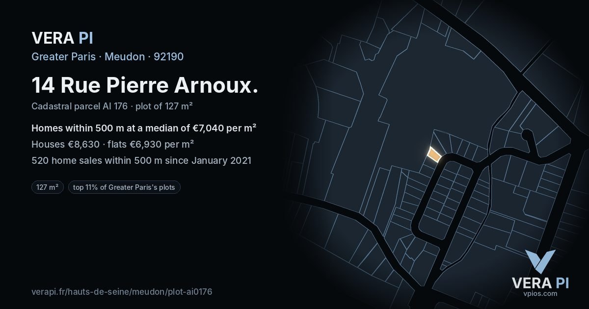 14 Rue Pierre Arnoux, Meudon at night – the plot lit, the parcels around coloured by the prices near them