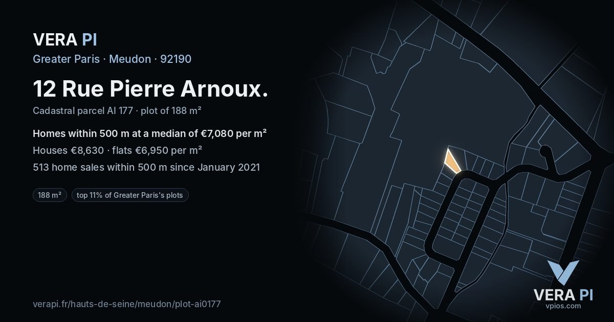 12 Rue Pierre Arnoux, Meudon at night – the plot lit, the parcels around coloured by the prices near them
