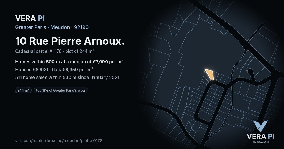 10 Rue Pierre Arnoux, Meudon at night – the plot lit, the parcels around coloured by the prices near them