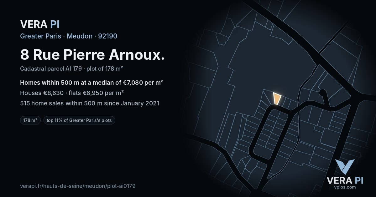 8 Rue Pierre Arnoux, Meudon at night – the plot lit, the parcels around coloured by the prices near them