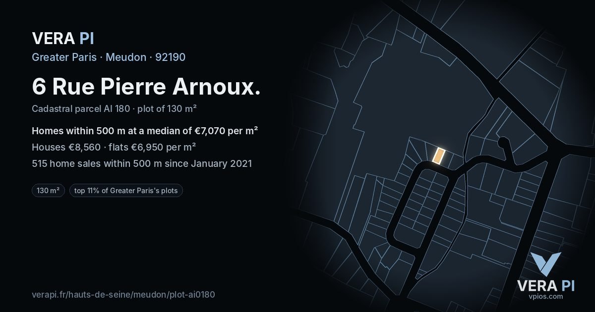 6 Rue Pierre Arnoux, Meudon at night – the plot lit, the parcels around coloured by the prices near them