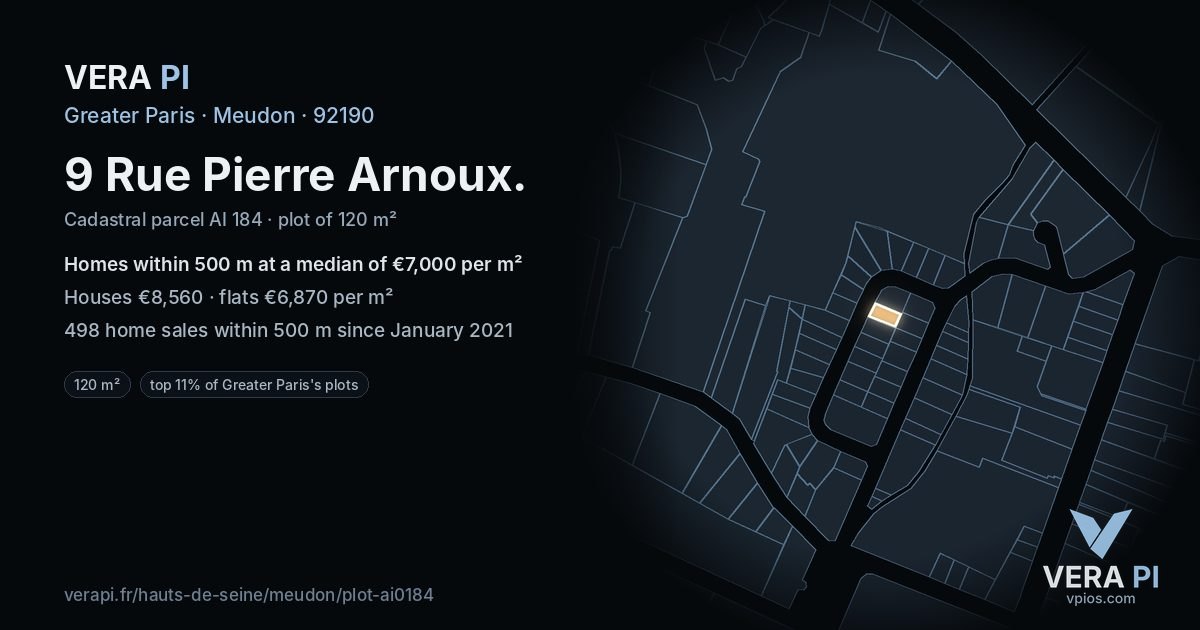 9 Rue Pierre Arnoux, Meudon at night – the plot lit, the parcels around coloured by the prices near them
