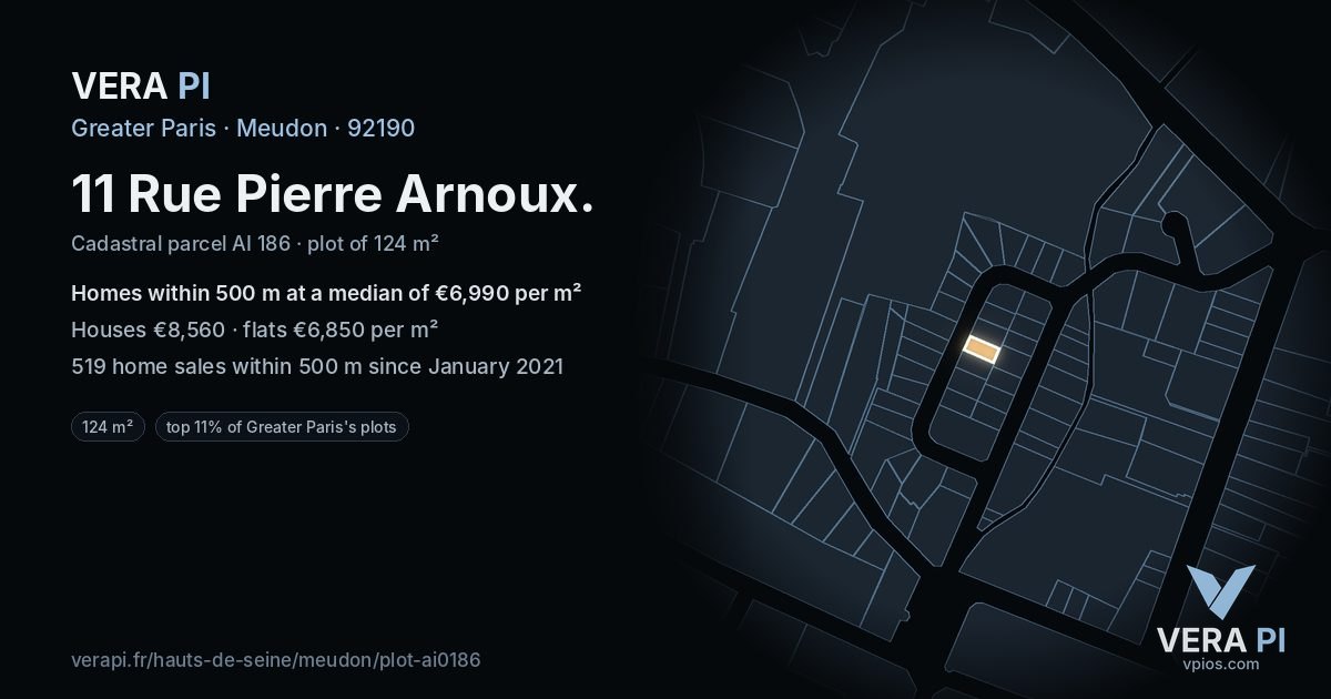 11 Rue Pierre Arnoux, Meudon at night – the plot lit, the parcels around coloured by the prices near them