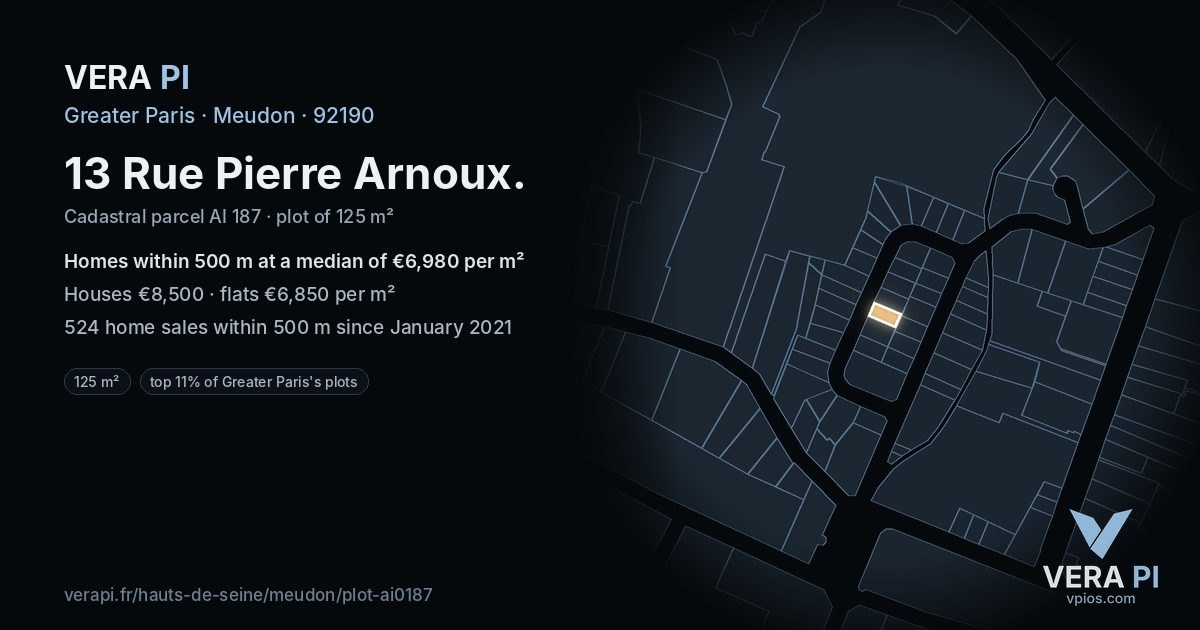 13 Rue Pierre Arnoux, Meudon at night – the plot lit, the parcels around coloured by the prices near them