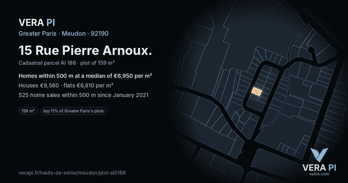 15 Rue Pierre Arnoux, Meudon at night – the plot lit, the parcels around coloured by the prices near them