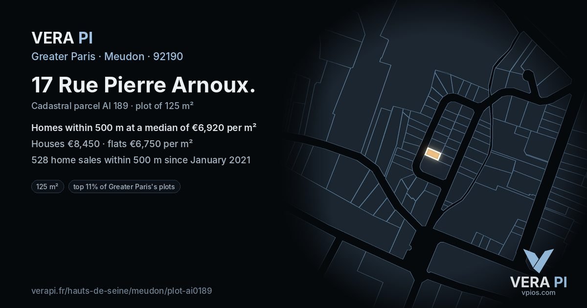 17 Rue Pierre Arnoux, Meudon at night – the plot lit, the parcels around coloured by the prices near them