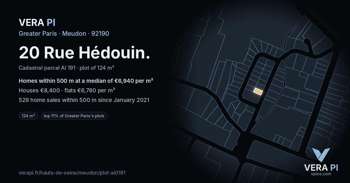20 Rue Hédouin, Meudon at night – the plot lit, the parcels around coloured by the prices near them