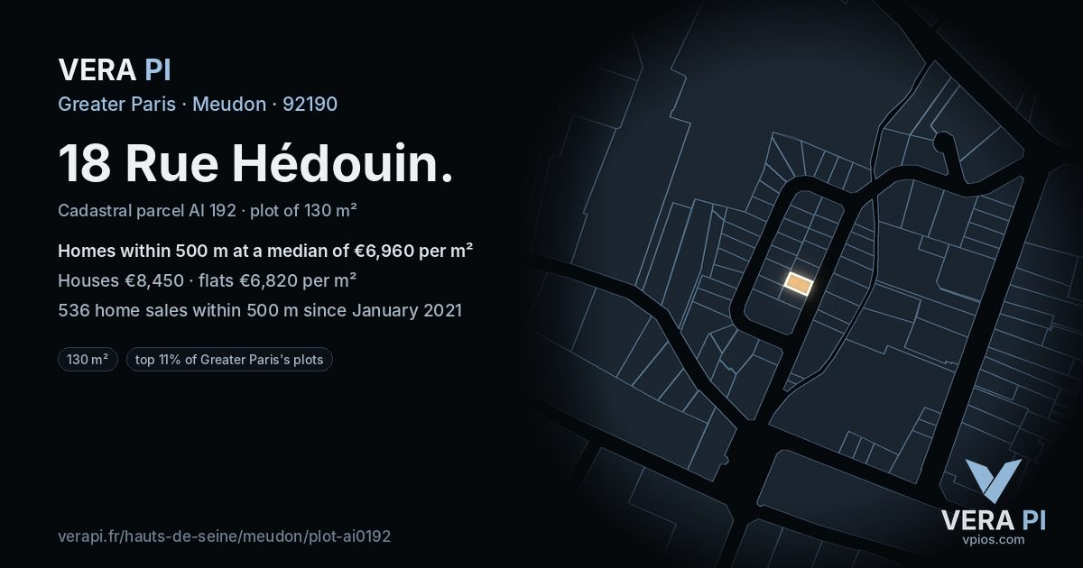 18 Rue Hédouin, Meudon at night – the plot lit, the parcels around coloured by the prices near them