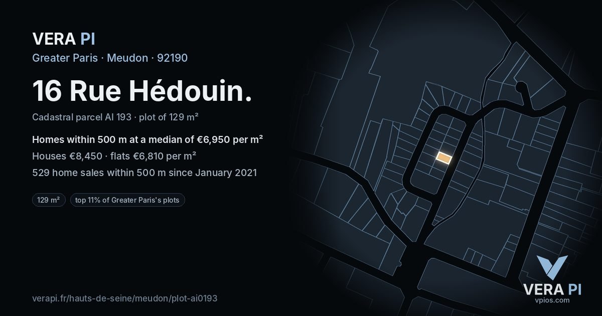 16 Rue Hédouin, Meudon at night – the plot lit, the parcels around coloured by the prices near them