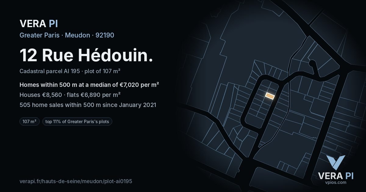 12 Rue Hédouin, Meudon at night – the plot lit, the parcels around coloured by the prices near them