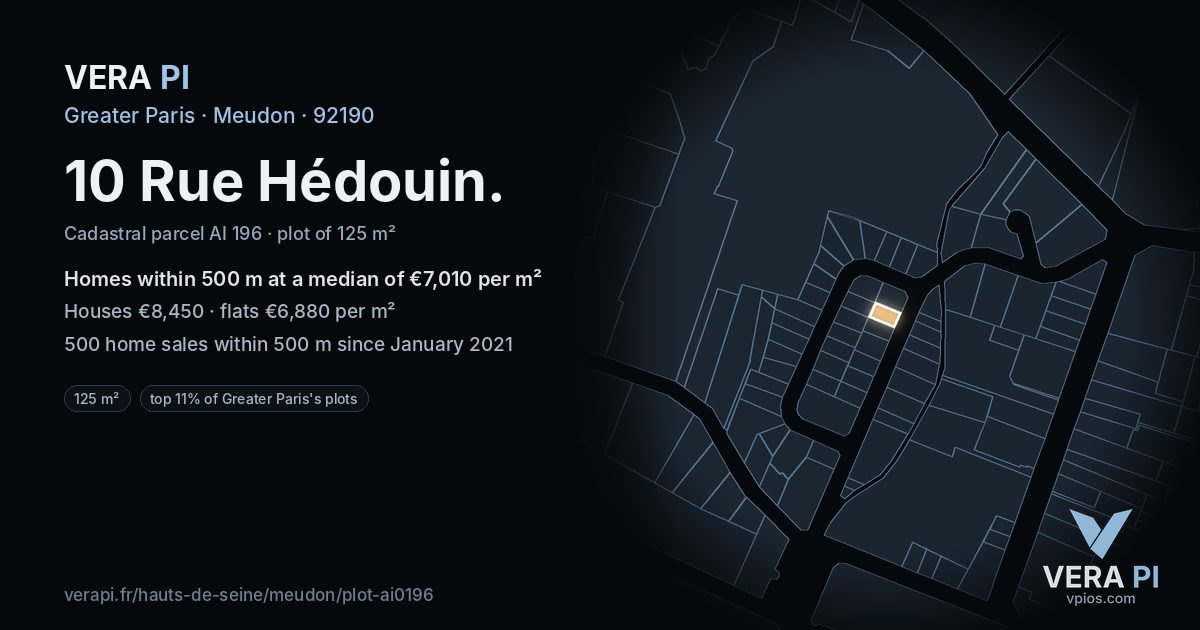 10 Rue Hédouin, Meudon at night – the plot lit, the parcels around coloured by the prices near them